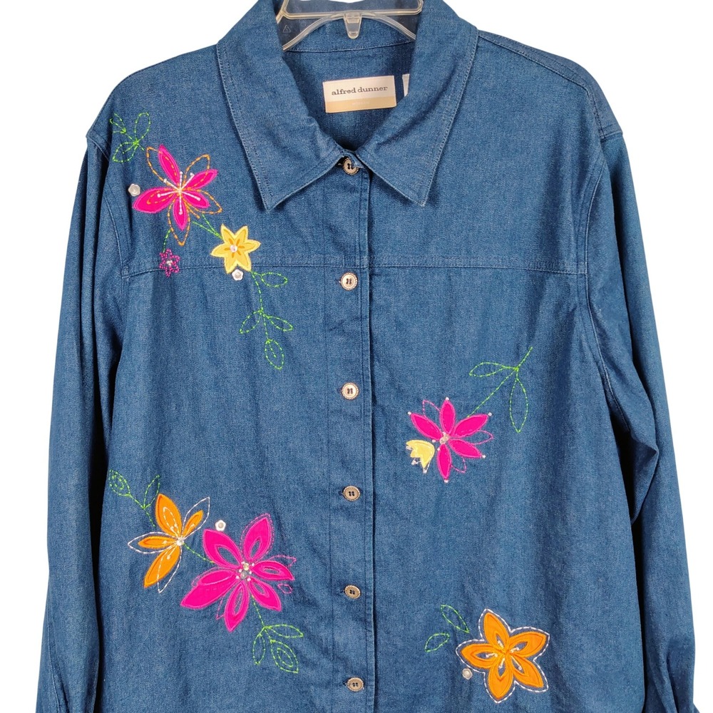 Alfred Dunner Womens SZ 16W Embroidered Floral Denim jacket Blue Cotton Boho